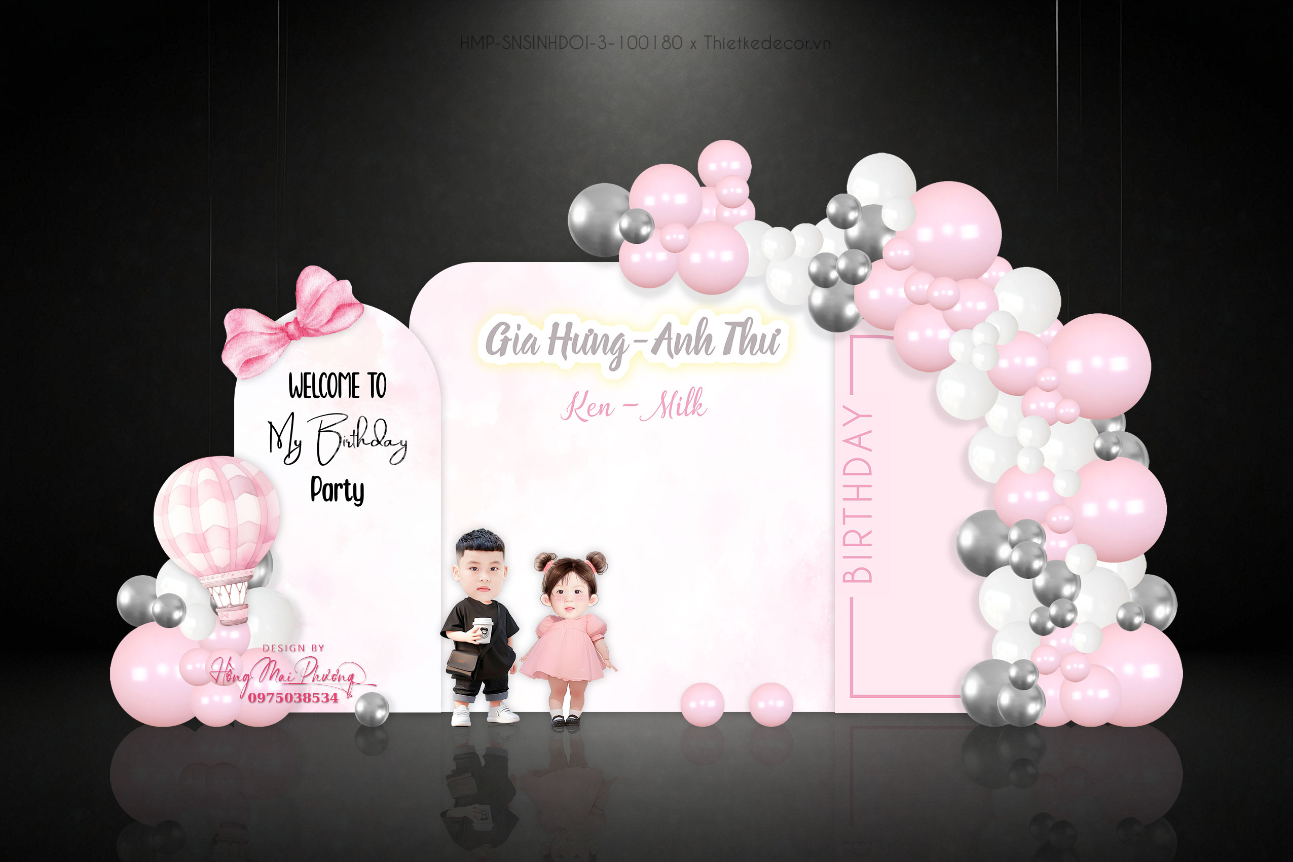 Tiệc sinh nhật sinh đôi 2 anh em tone hồng phối nơ và khinh khí cầu nền loang